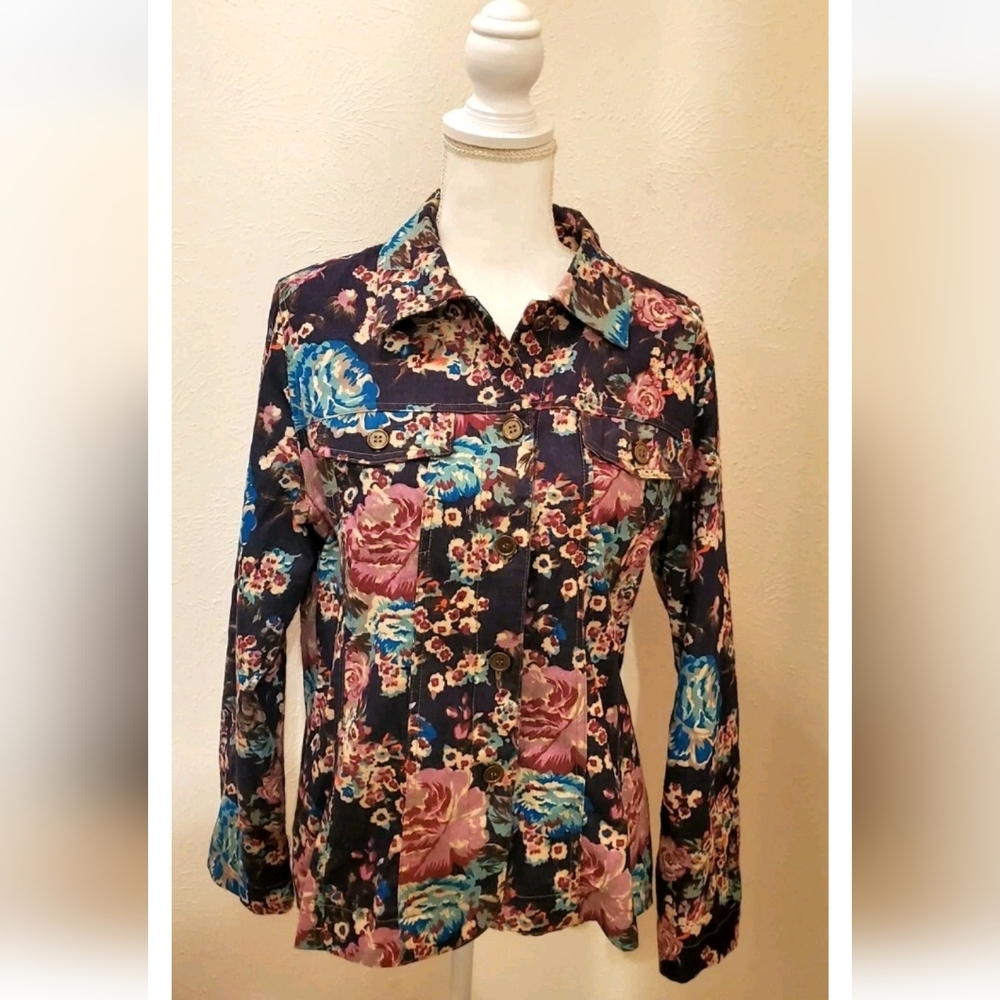 Rebecca Malone Denim Jacket Womens  Floral Button Up Cotton Large Cottagecore